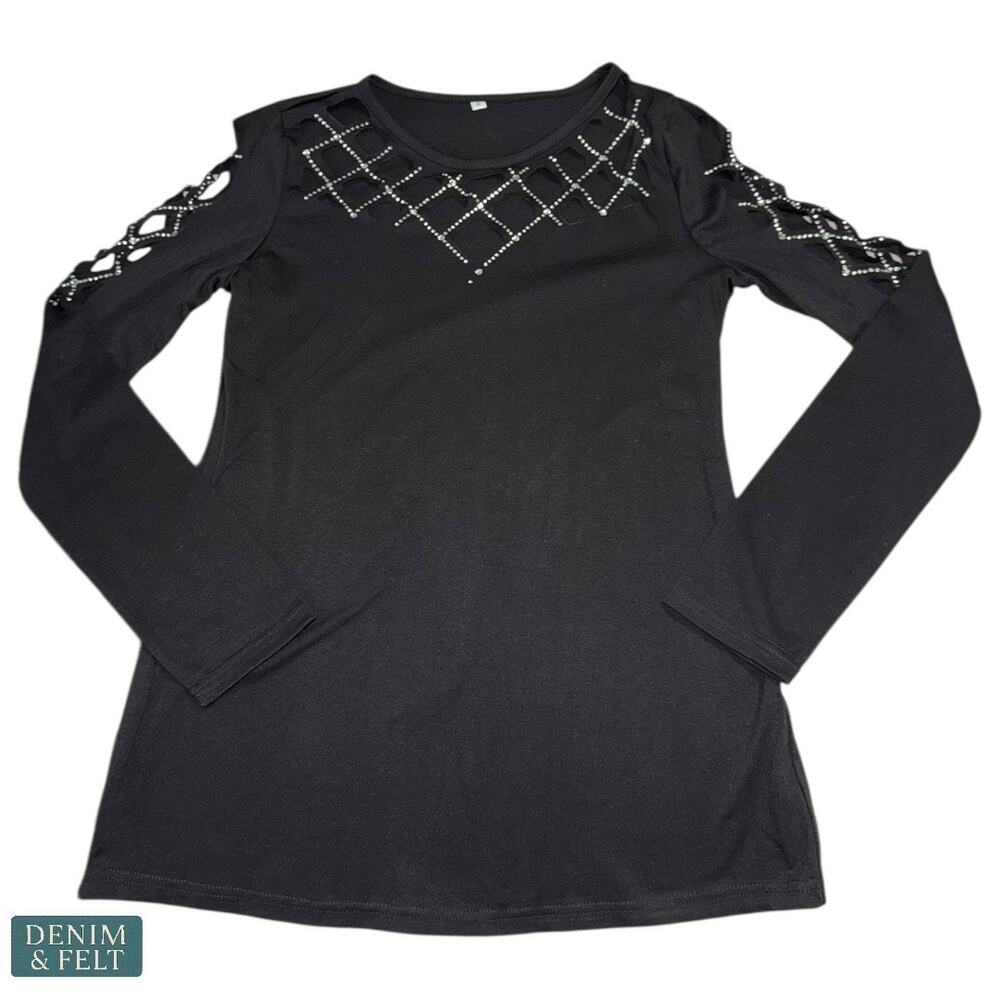 NEW Black Lattice Cutout Long Sleeve Top Edgy Chic Stretchy‎ Crisscross Small - Picture 7 of 13